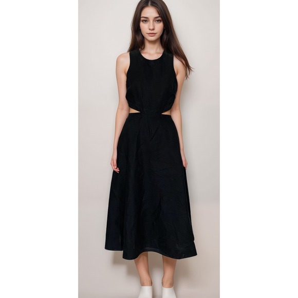 Banana Republic 100% Linen Midi Dress Sz 8 Black Cut Out Sleeveless Pockets - Picture 1 of 10